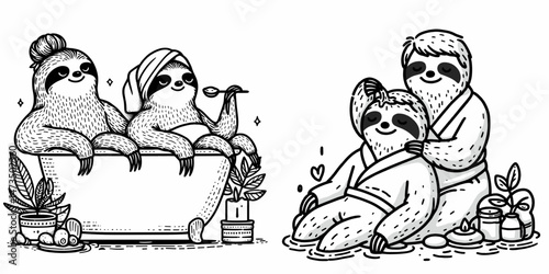 Sloth Couple spending the day at spa. Cartoon animal clipart silhouette vector illustration. Relaxing date for sluggish pair pampering treatment luxurious sanctuary.