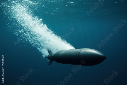 Military torpedo speeding through water, underwater combat technology