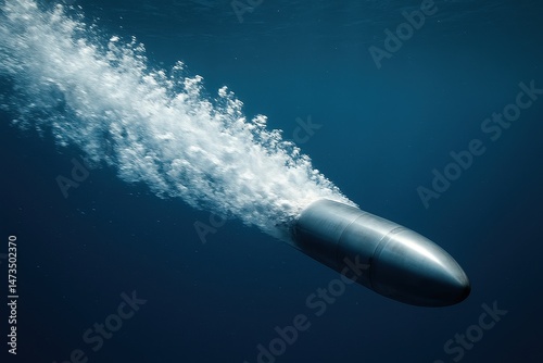 Torpedo speeding underwater, military weapon in action