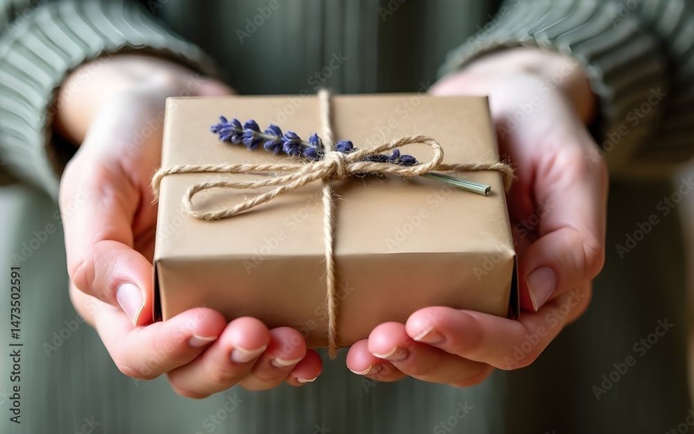 Fototapeta premium Hands Holding a Brown Paper Gift Box with Lavender and Hemp Twine. High quality