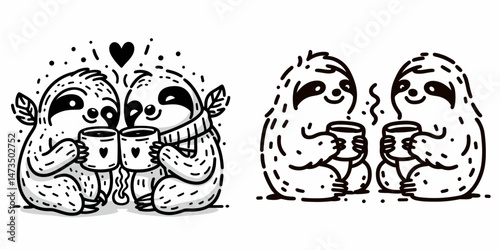 Sloth Couple sharing a warm drink. Cartoon animal clipart silhouette vector illustration. Slow duo enjoying cozy beverage. affectionate pair relishing temperate refreshment.
