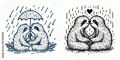 Sloth Couple sharing a kiss in the rain. Cartoon animal clipart silhouette vector illustration. Loving arboreal pair affectionate moment gentle drops romantic wildlife theme.
