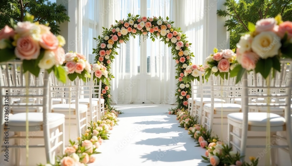 Fototapeta premium Elegant wedding ceremony setup with floral arrangements and white chairs , wedding styling, setup, classic