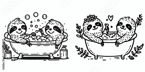 Sloth Couple sharing a bubble bath. Cartoon animal clipart silhouette vector illustration. Two slow-moving creatures having bubbly immersion bath time relaxation.