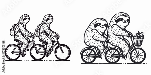 Sloth Couple riding bicycles. Cartoon animal clipart silhouette vector illustration. Slow duo cycling lazy pair pedaling adorable bicycle journey.