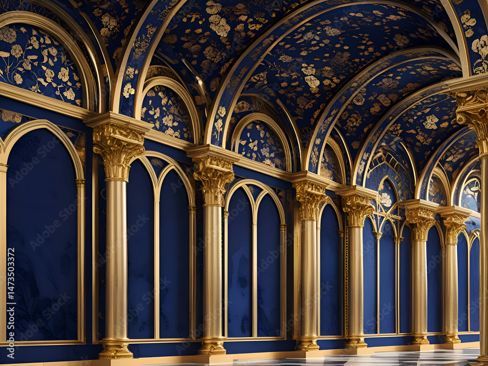 Fototapeta premium Royal floral arches with golden design on navy blue background – elegant architectural decor