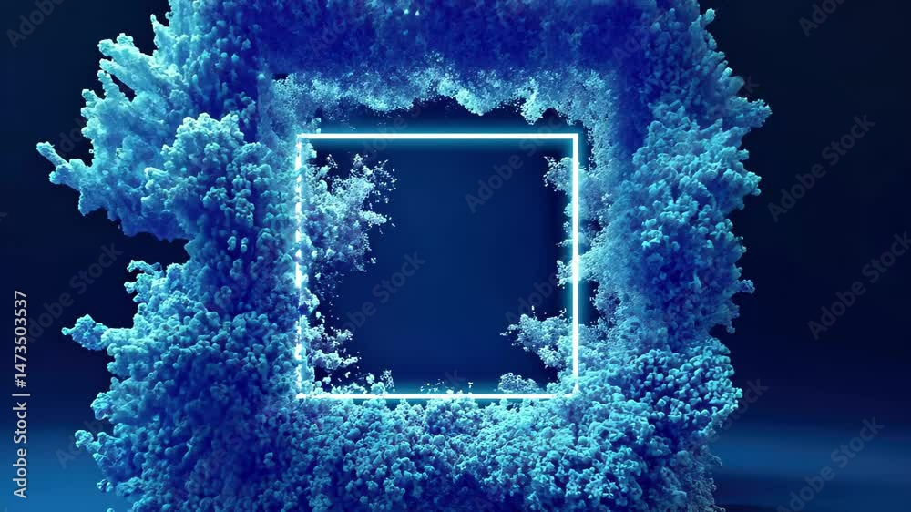 Abstract blue particles form a textured structure with an empty square frame for branding, 4K abstract particles with copy or logo square frame CGI