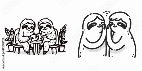 Sloth Couple planning a future together. Cartoon animal clipart silhouette vector illustration. Slow duo envisioning joint destiny hopeful love pact and coming era.