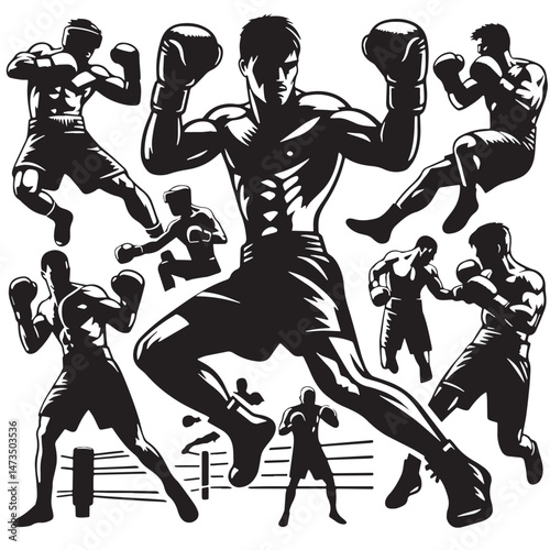 Boxing (Western sport fighting) Silhouette line art vector illustration on white background