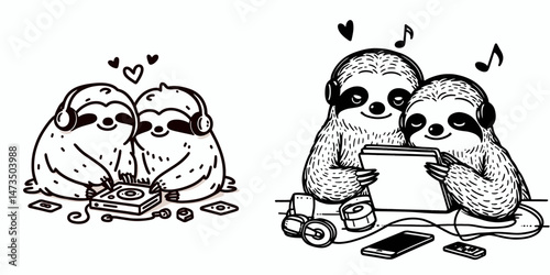 Sloth Couple making a love playlist. Cartoon animal clipart silhouette vector illustration. Slow duo crafting amorous audio selection tender romantic theme.