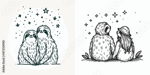 Sloth Couple looking at the stars. Cartoon animal clipart silhouette vector illustration. Slow duo stargazing celestial romance peaceful night observation.