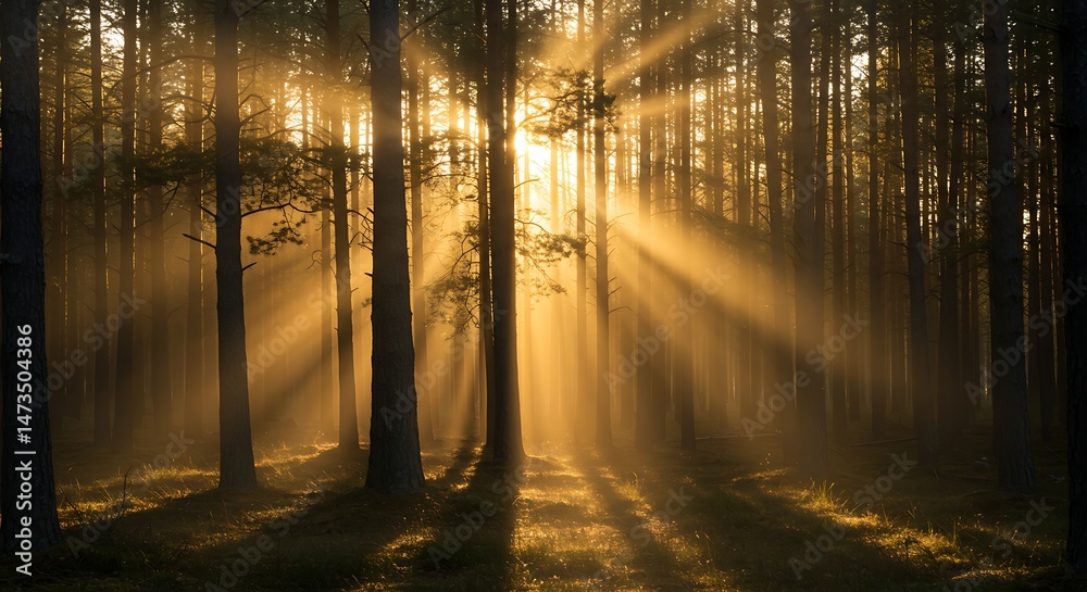 Obraz premium Forest with Sunlight Streaming Through Trees