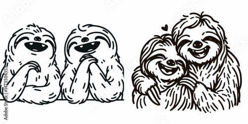 Sloth Couple laughing together. Cartoon animal clipart silhouette vector illustration. Beaming slow mammal duo comical amusement joyful connection endearing moment.