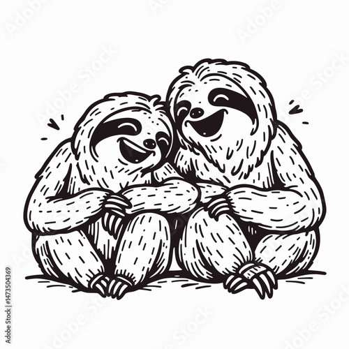 Sloth Couple laughing together. Cartoon animal clipart silhouette vector illustration. Slow pair joyful chuckling lovely mammal showing happy amusement fauna joke.