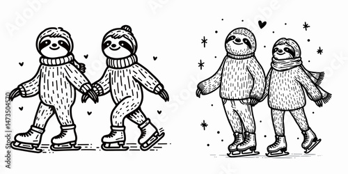 Sloth Couple going ice skating. Cartoon animal clipart silhouette vector illustration. Slow pair having winter fun gliding on frozen water a cool activity date.