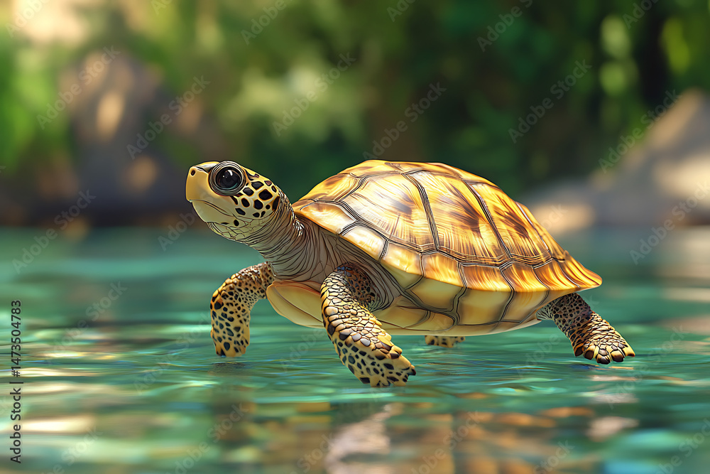 A serene turtle swimming gracefully in a clear blue pond surrounded by lush greenery A serene turtle swimming gracefully in a clear blue pond surrounded by lush greenery