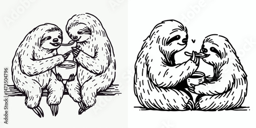 Sloth Couple feeding each other. Cartoon animal clipart silhouette vector illustration. Arboreal pair sharing a meal tender tableau of affection among slow mammal.