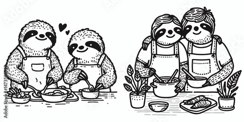 Sloth Couple cooking dinner together. Cartoon animal clipart silhouette vector illustration. Slow duo preparing supper lazy pair making cuisine domestic bliss meal.