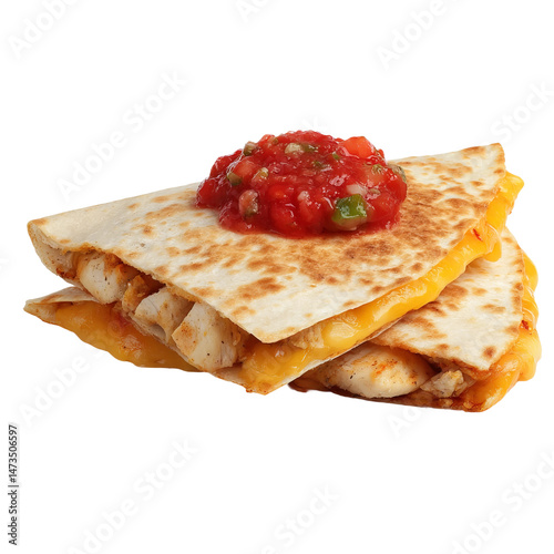 Delicious chicken quesadillas with fresh salsa topping, served on a plate