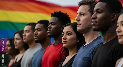 Diverse Group Shoulder to Shoulder Displaying Pride Month Rainbow Flag Symbolizing Unity and Hope for Equality In Shallow Depth of Field