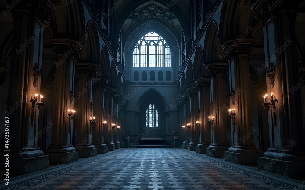 Fototapeta premium Grand Gothic Hall Interior at Night. High quality