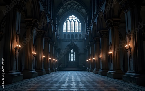 Grand Gothic Hall Interior at Night. High quality