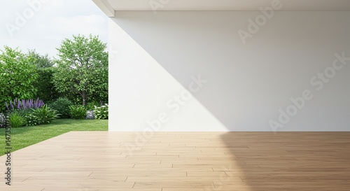 Wallpaper Mural Minimalist modern patio white wall wooden floor lush green garden view Torontodigital.ca