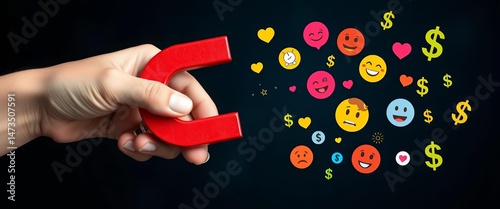 Hand holding horseshoe magnet attracting diverse emotional icons and dollar signs, engagement, illustration