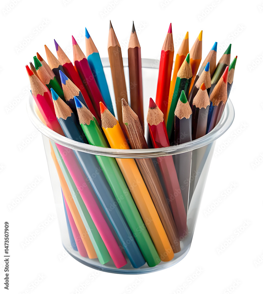 Fototapeta premium color pencils in a cup transparent isolated on white background