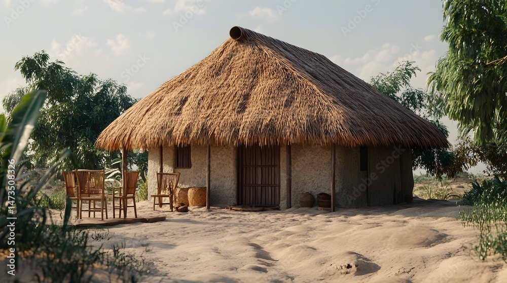 Modern Thatch House with Minimalist Small African Exterior, Diverse Natural Settings, Vibrant Accents, Realistic Textures, and Dynamic Lighting in Varied Weather (AI-generated) Modern Thatch House with Minimalist Small African Exterior, Diverse Natural Settings, Vibrant Accents, Realistic Textures, and Dynamic Lighting in Varied Weather (AI-generated)