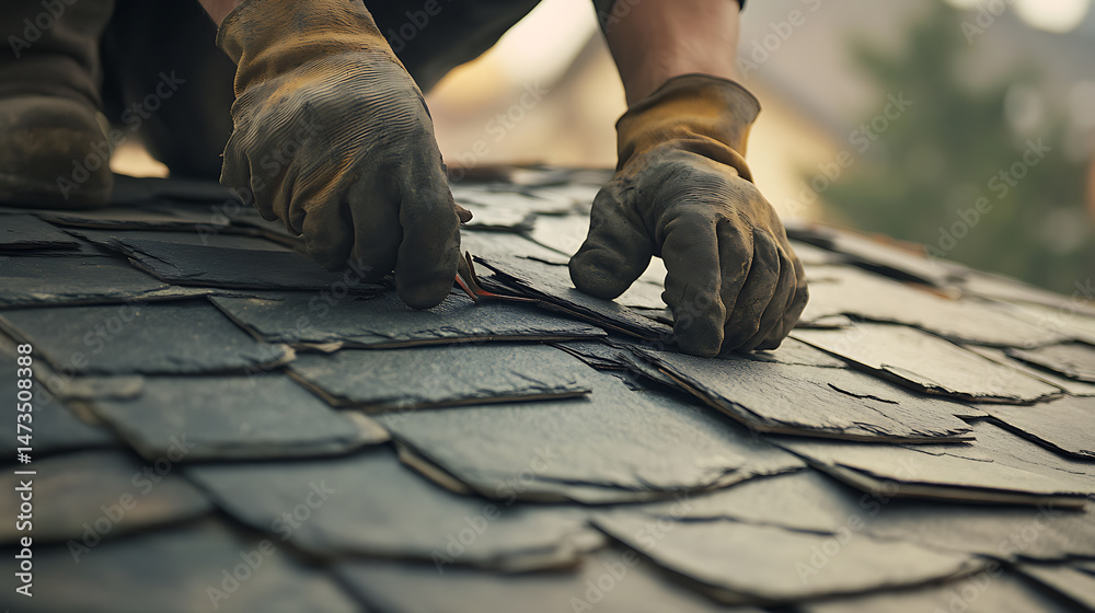 Fototapeta premium Roofing Worker Installing Slate Tiles