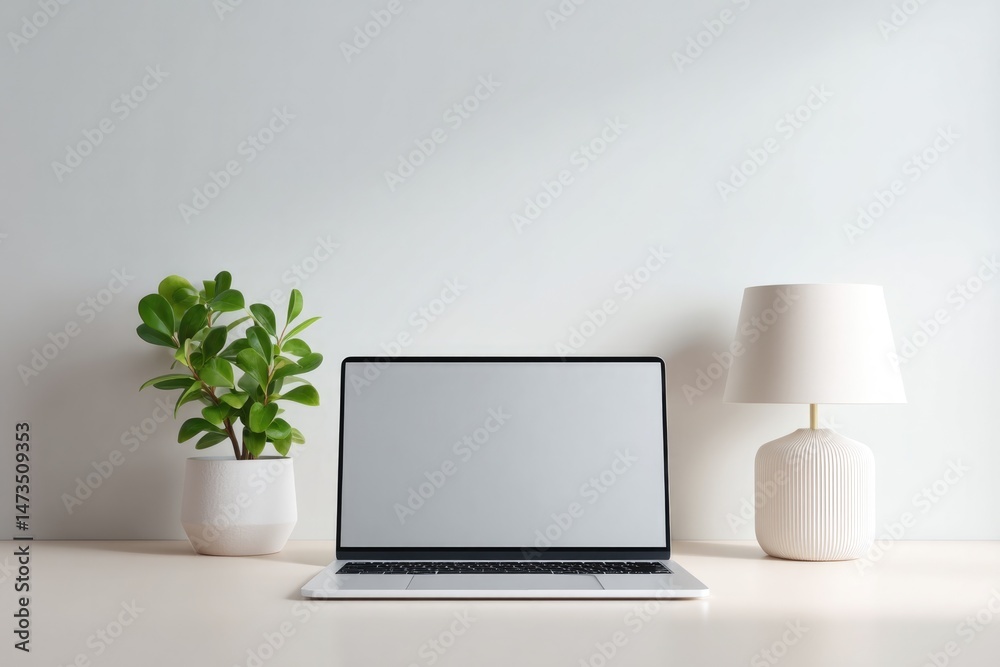 Minimalist workspace featuring laptop, plant, and stylish lamp f Minimalist workspace featuring laptop, plant, and stylish lamp f