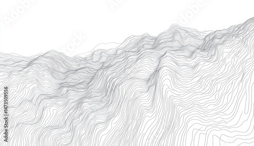 Abstract grayscale topographic map.  Detailed lines forming undulating hills and mountains