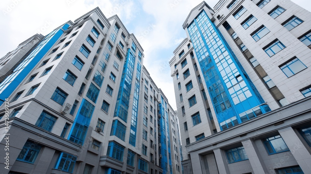 Fototapeta premium Modern White Buildings Blue Facade Architectural Design Cityscape