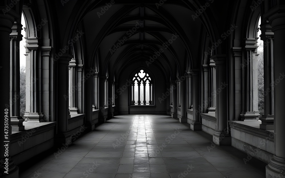 Long Dark Monochrome Corridor with Gothic Architecture. High quality Long Dark Monochrome Corridor with Gothic Architecture. High quality