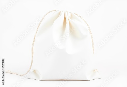 Small white cotton drawstring bag isolated on white background, fabric bag, studio shot