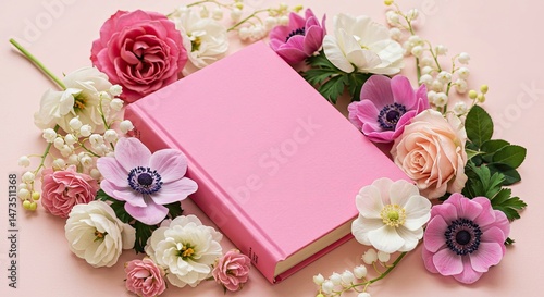 Elegant Pink Book with Spring Floral Arrangement on Blush Surface