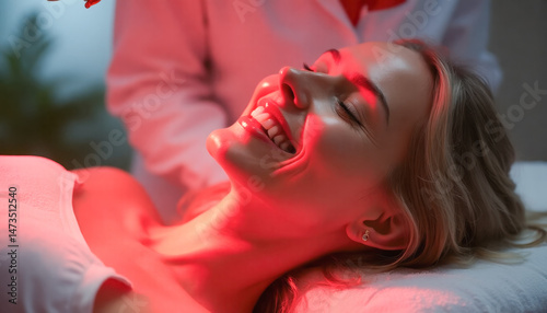 Young caucasian female enjoying relaxing red light therapy session