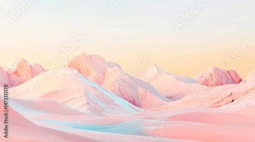 Dreamy pastel mountain landscape at sunrise with soft pink and blue hues