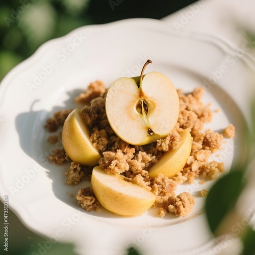 4k high quality Ai generative HD art work photo realistic restaurant cafe menu sell selling market dish meal roasted poached pear on a plate apple crumble crushed pecan nuts