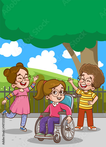 Vector illustration of friends having fun together. Disabled children in wheelchair spending time with best friends. Handicapped person, cheerful young man.