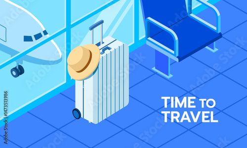Passenger luggage and hat in airport terminal, isometric vector, waiting for travel and rest.