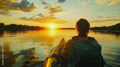 Paddler enjoys a serene sunset kayak experience on a tranquil lake in summer