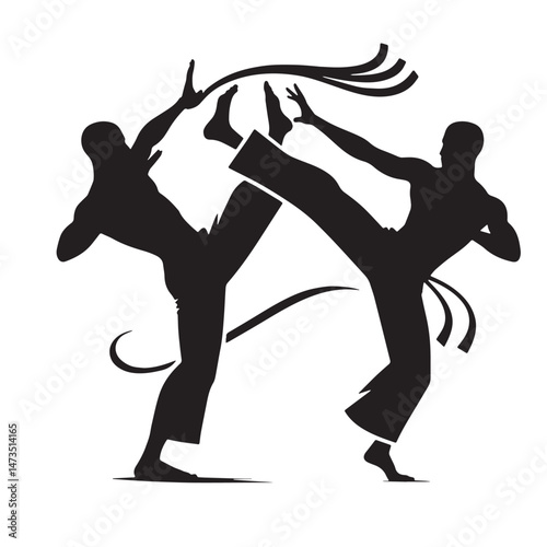 Capoeira (Brazil - martial art combined with dance) Silhouette line art vector illustration on white background