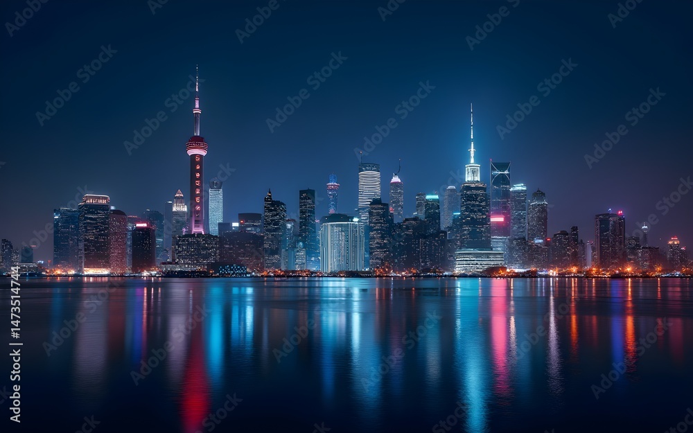 Obraz premium Night City Skyline With Glowing Lights and Reflections. High quality