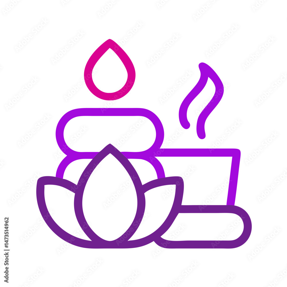 Obraz premium Spa icon with candle, stones, and lotus flower in gradient outline style.