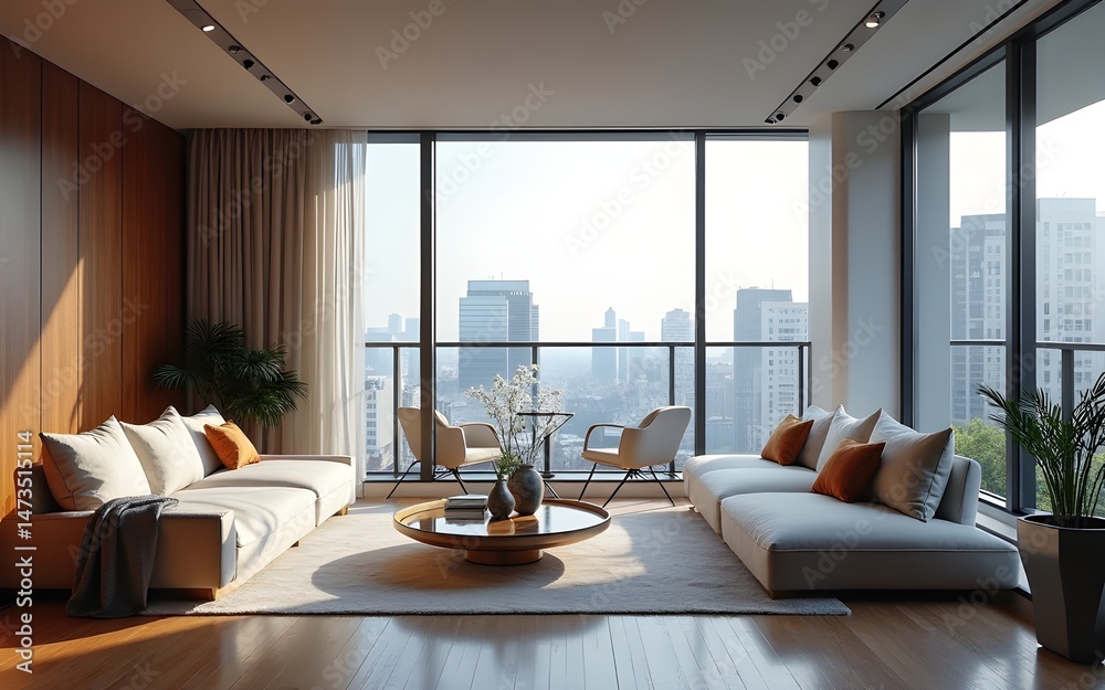 Fototapeta premium Modern Building Interior with City View. High quality