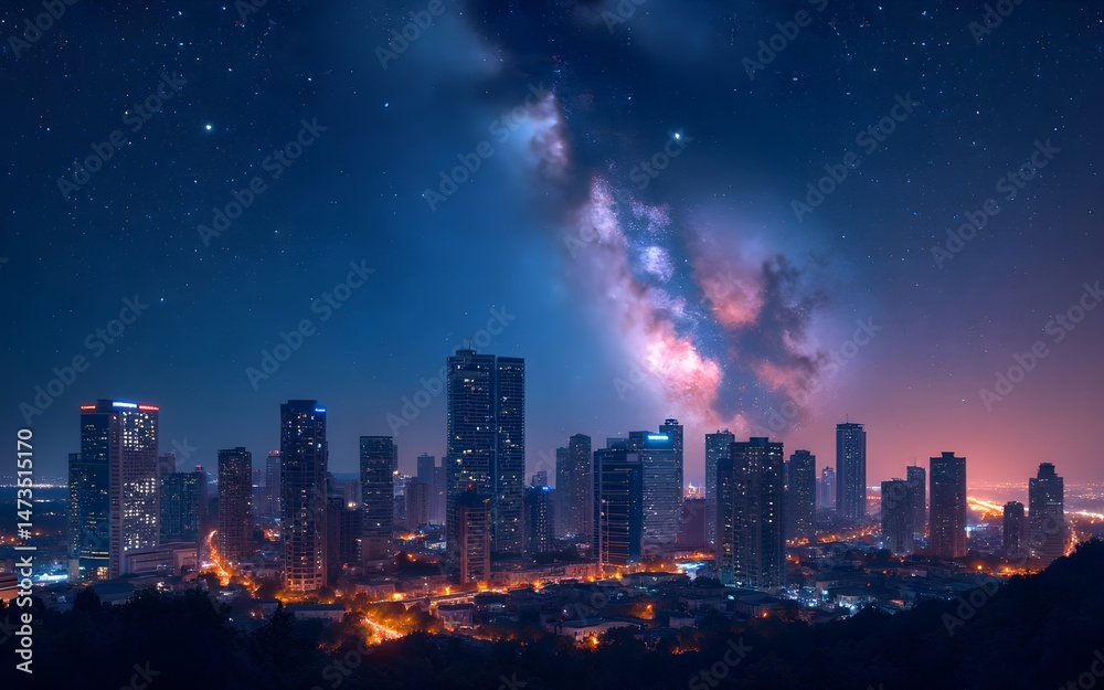 Fototapeta premium Night City Skyline Under a Vibrant Starry Galaxy. High quality