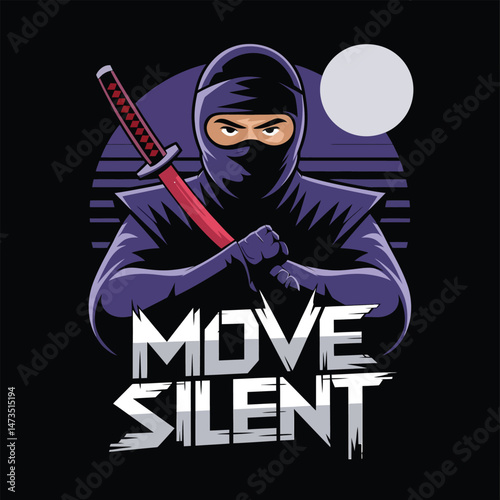 Powerful Ninja Warrior Holding Katana Sword Night Scene Mysterious Purple Strong Silent Deadly Assassin Stealthy Masterful Fighter Skilled Professional Japanese Culture Dark Background Graphic Design 