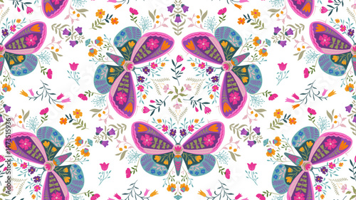 Vector seamless pattern with ornate insects, beetles, butterflies. Folk art floral natural endless background.